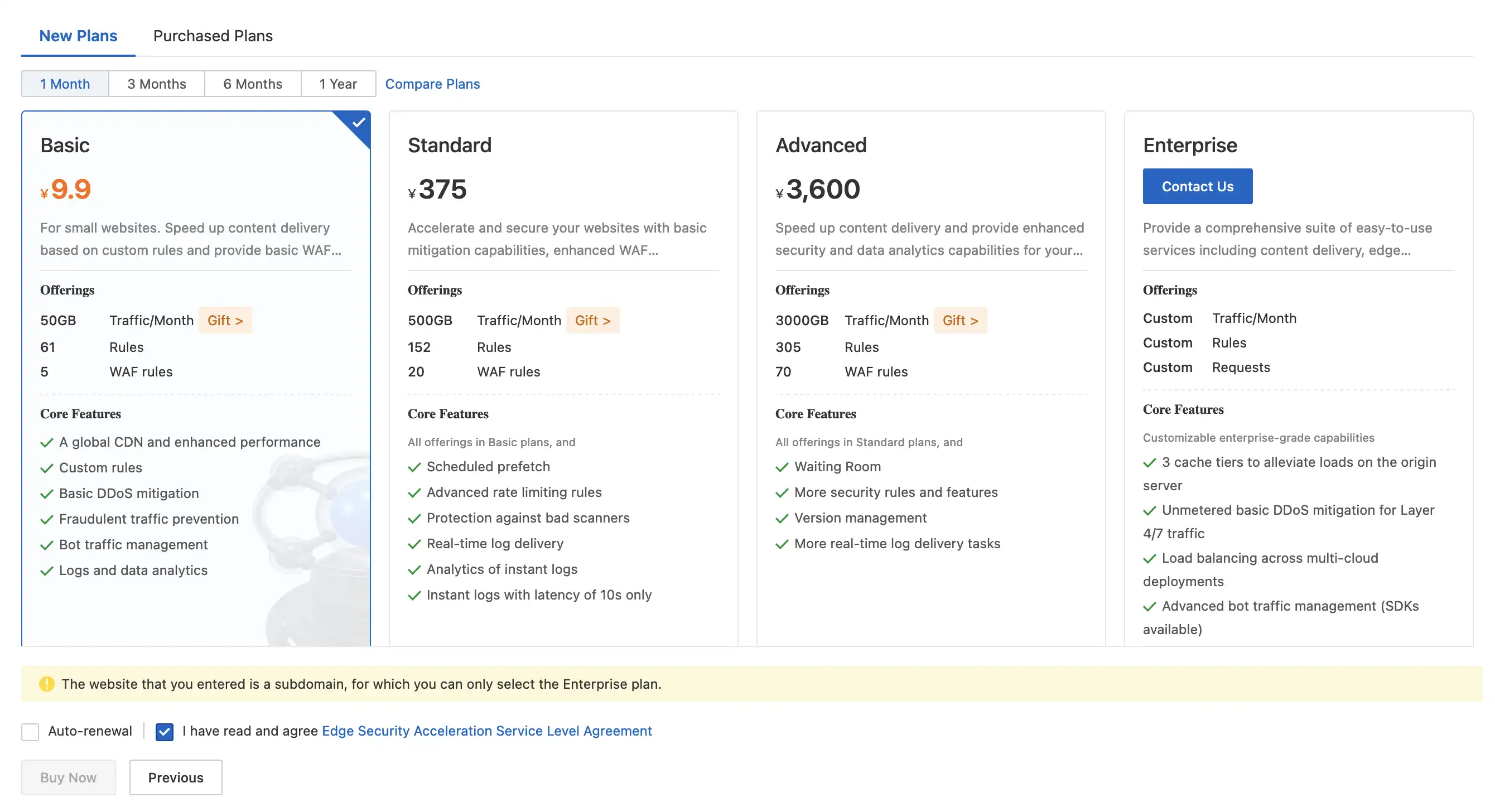 The website that you entered is a subdomain, for which you can only select the Enterprise plan.